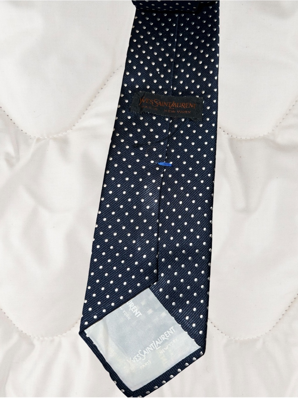 Yves Saint Laurent Mens Designer  Classic Navy Blue White Polka Dots Tie Logo - Picture 3 of 6